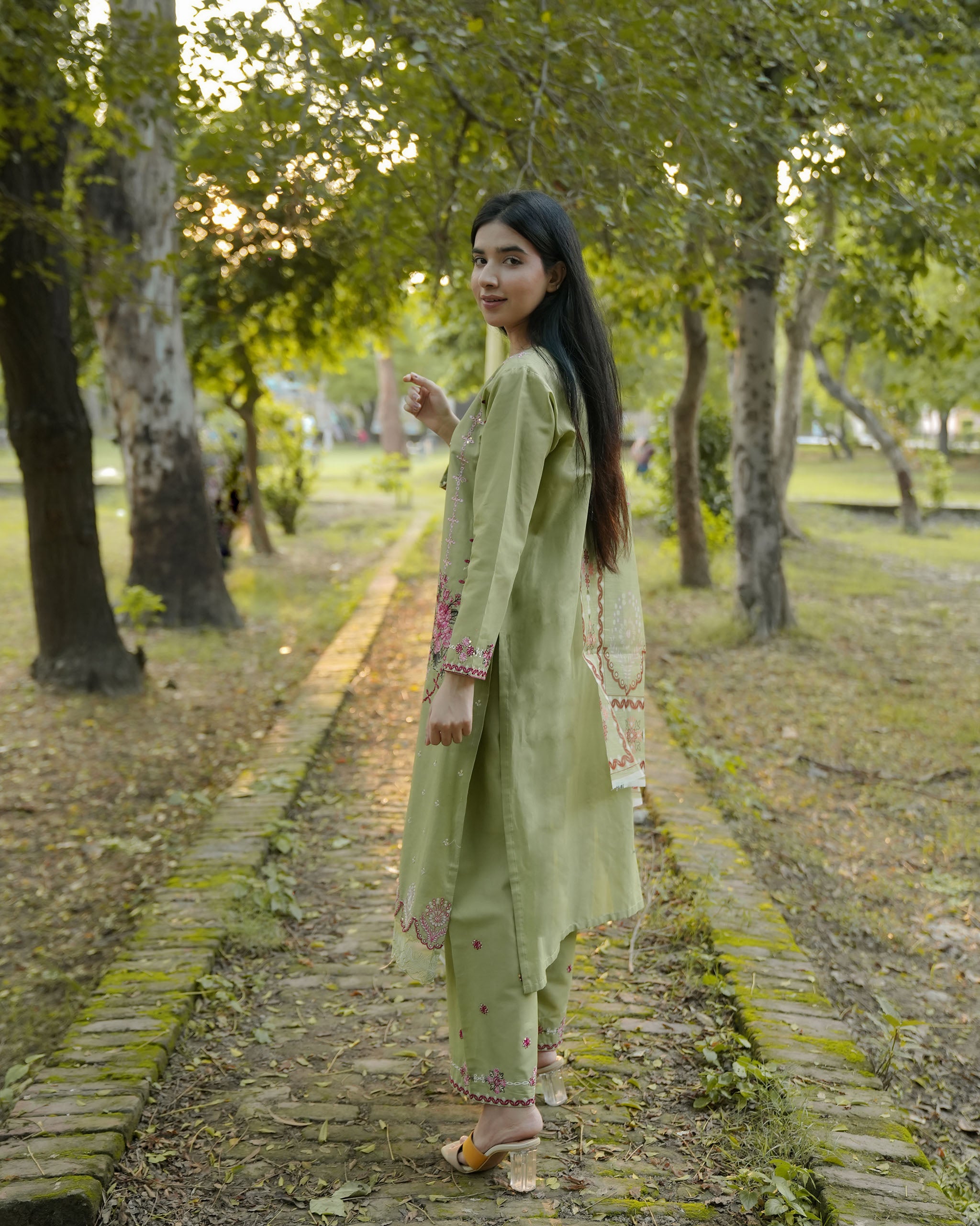 Pista Green Floral Embroidered 3-Piece Cotton