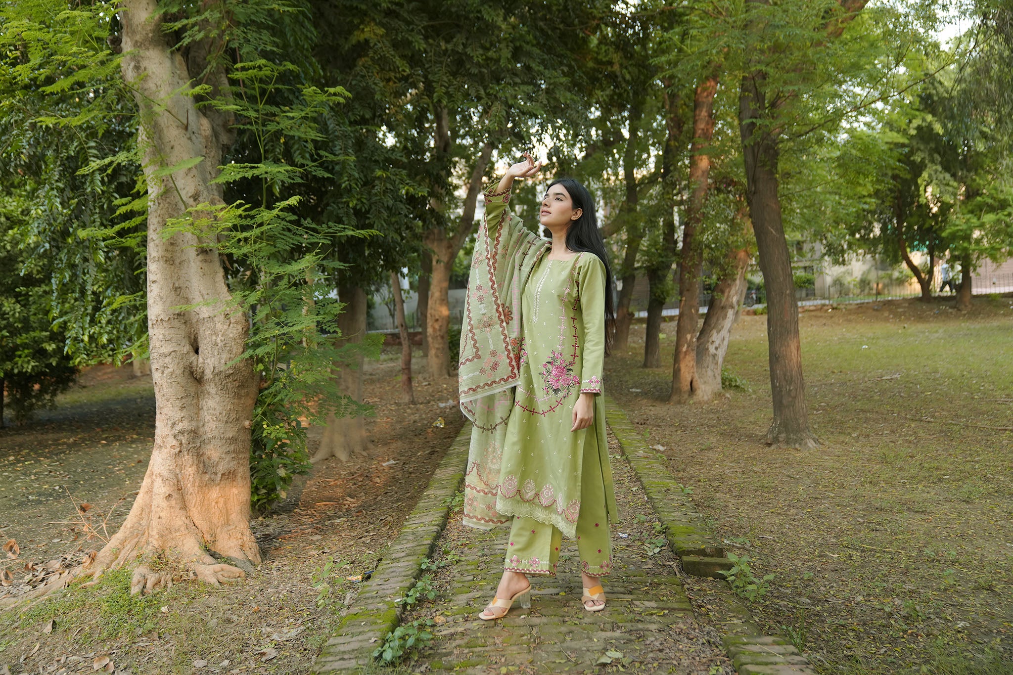 Pista Green Floral Embroidered 3-Piece Cotton
