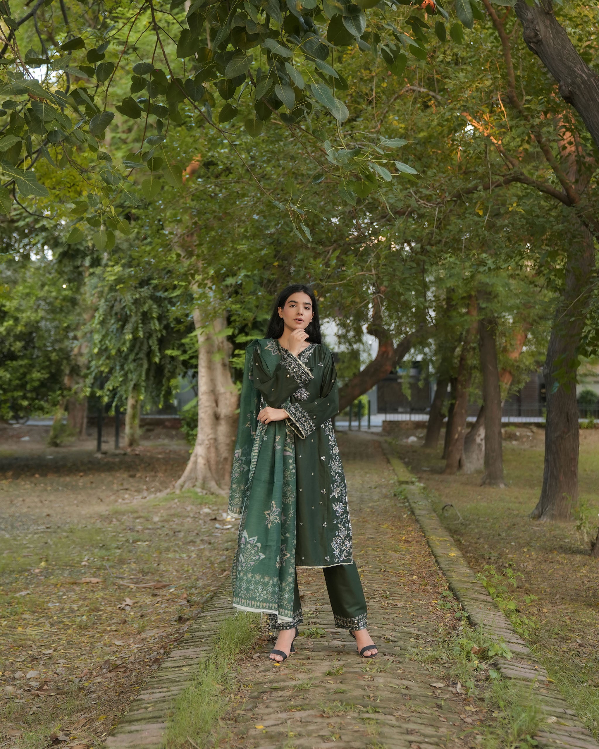 Attirepret – Deep Green Cotton 3-Piece Embroidered Suit