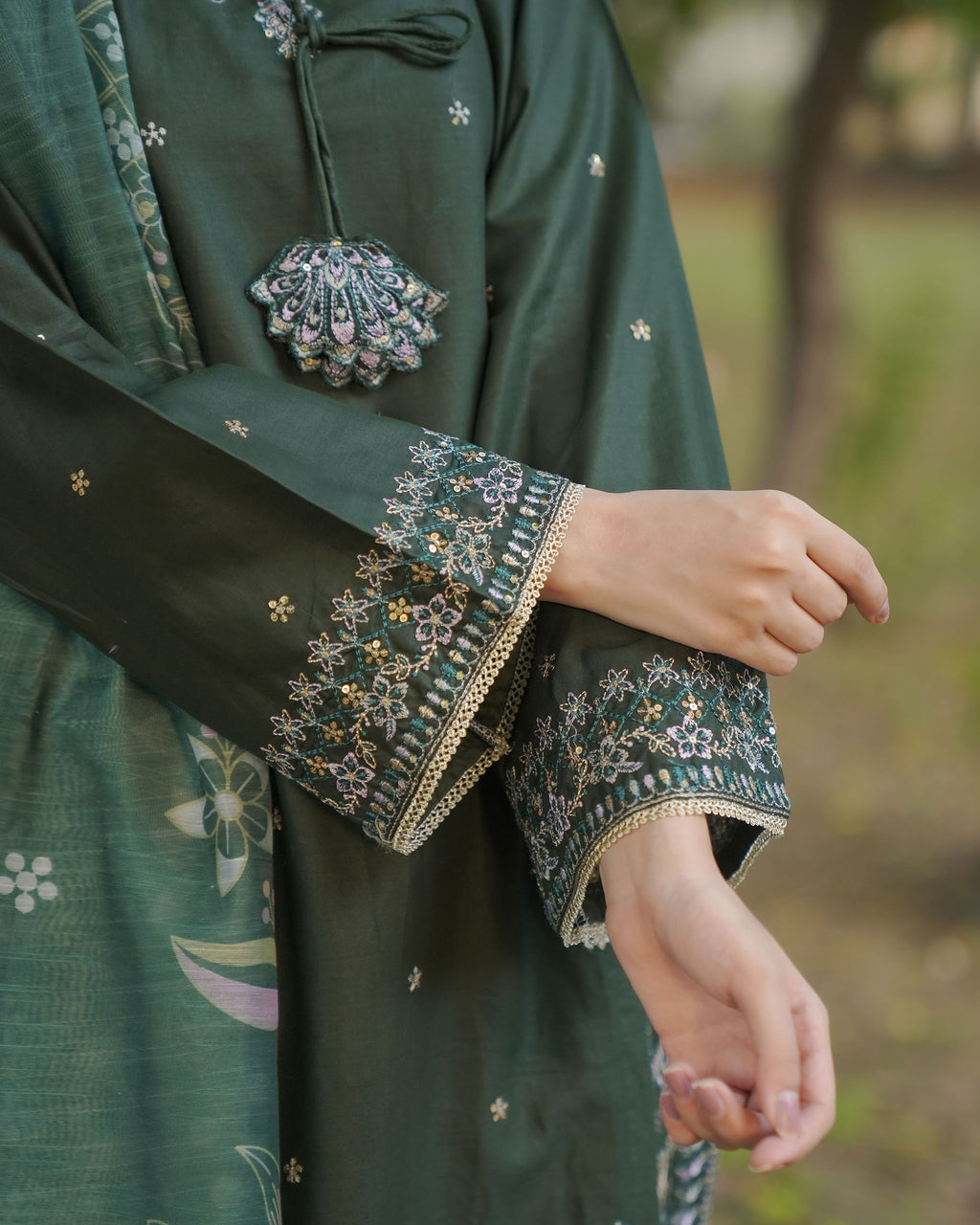 Attirepret – Deep Green Cotton 3-Piece Embroidered Suit