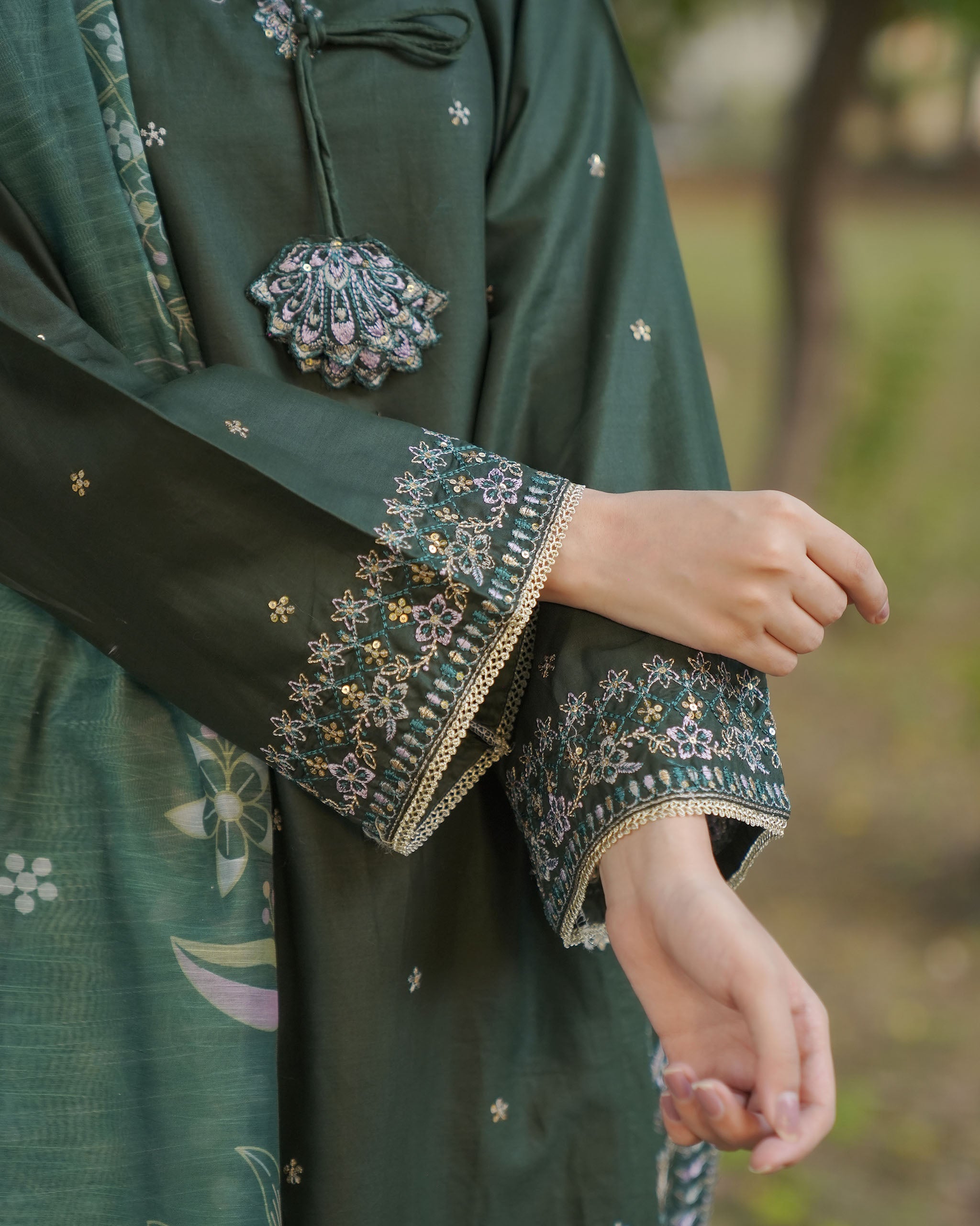 Attirepret – Deep Green Cotton 3-Piece Embroidered Suit
