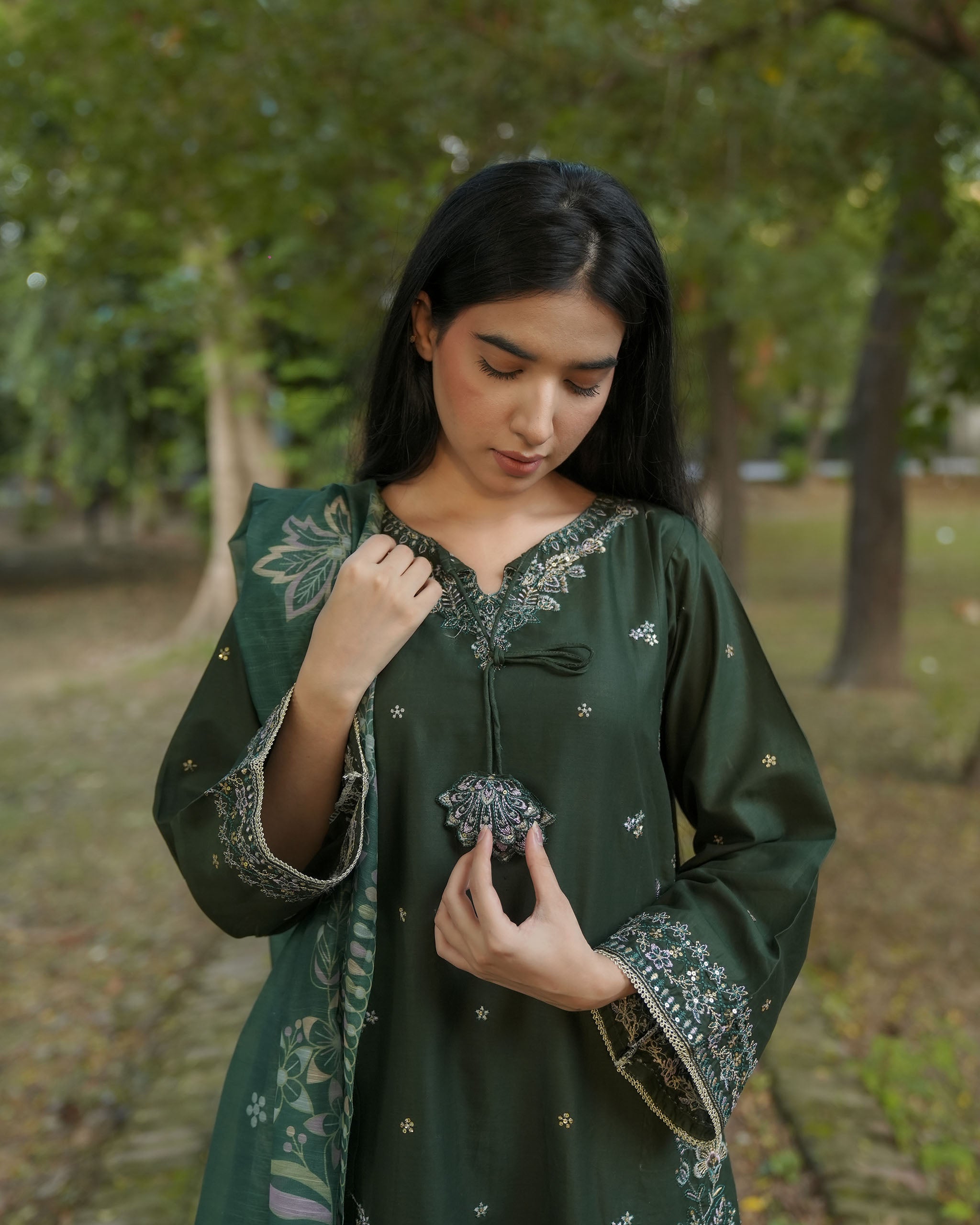 Attirepret – Deep Green Cotton 3-Piece Embroidered Suit
