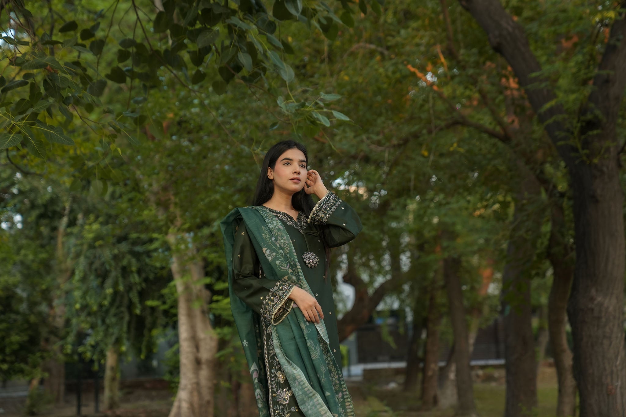 Attirepret – Deep Green Cotton 3-Piece Embroidered Suit