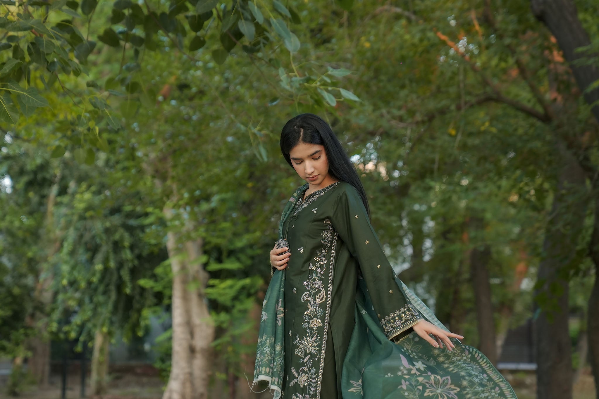 Attirepret – Deep Green Cotton 3-Piece Embroidered Suit
