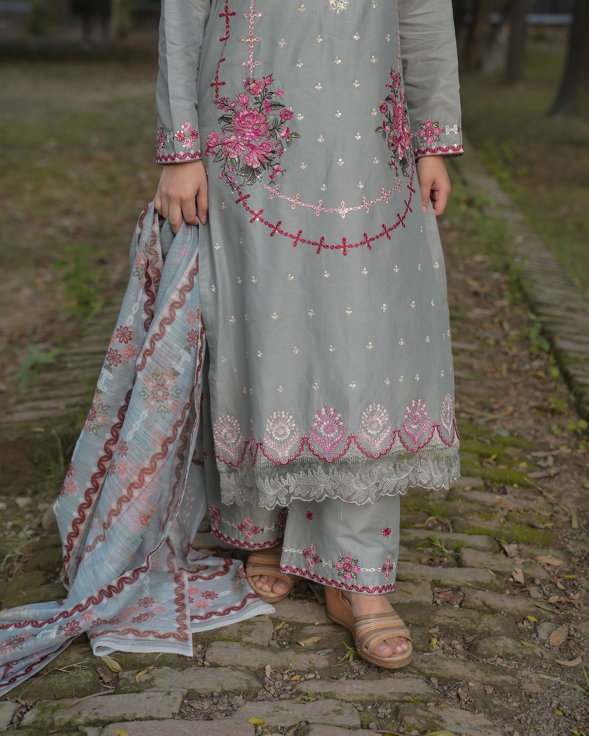Pastel Grey Elegance – 3 Piece Cotton Suit