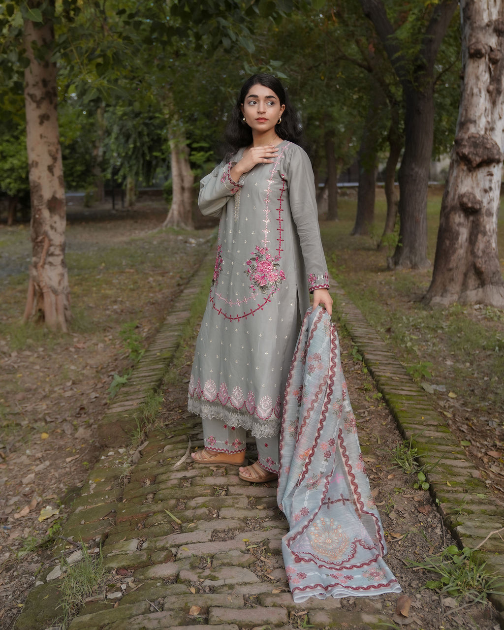 Pastel Grey Elegance – 3 Piece Cotton Suit