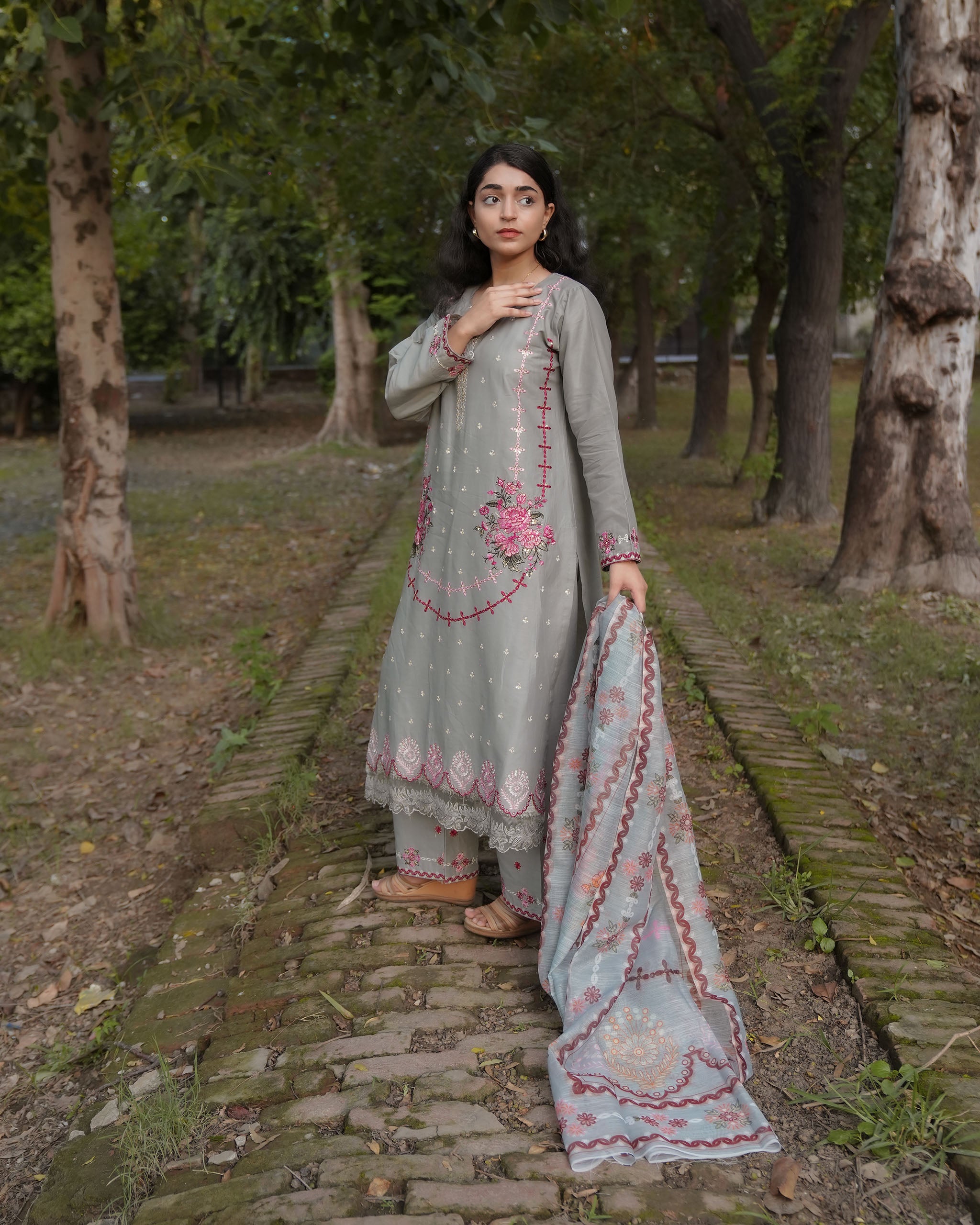 Pastel Grey Elegance – 3 Piece Cotton Suit