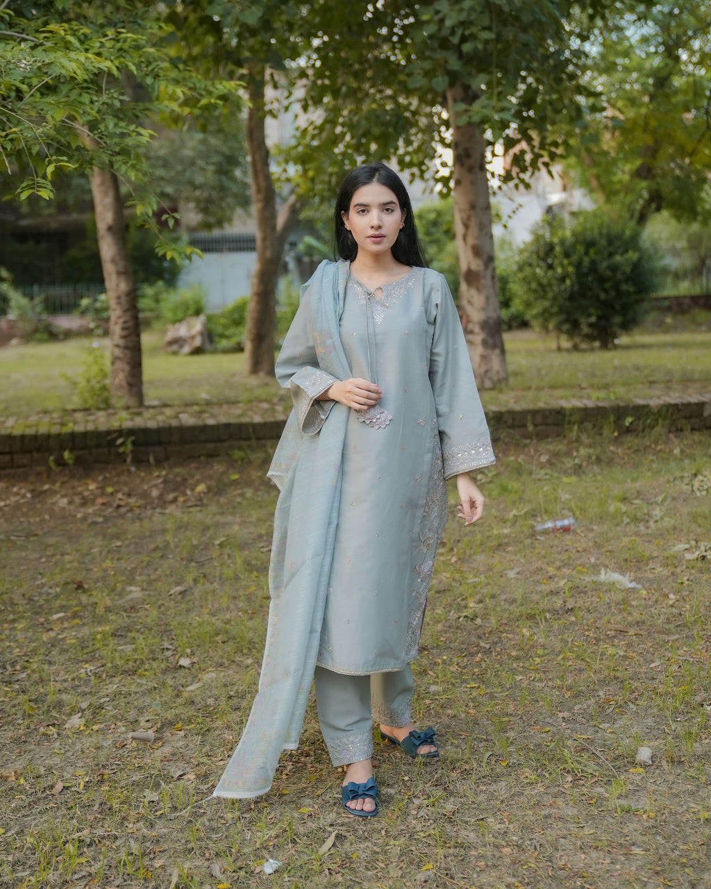 Attirepret – Gray Cotton 3-Piece Embroidered Suit