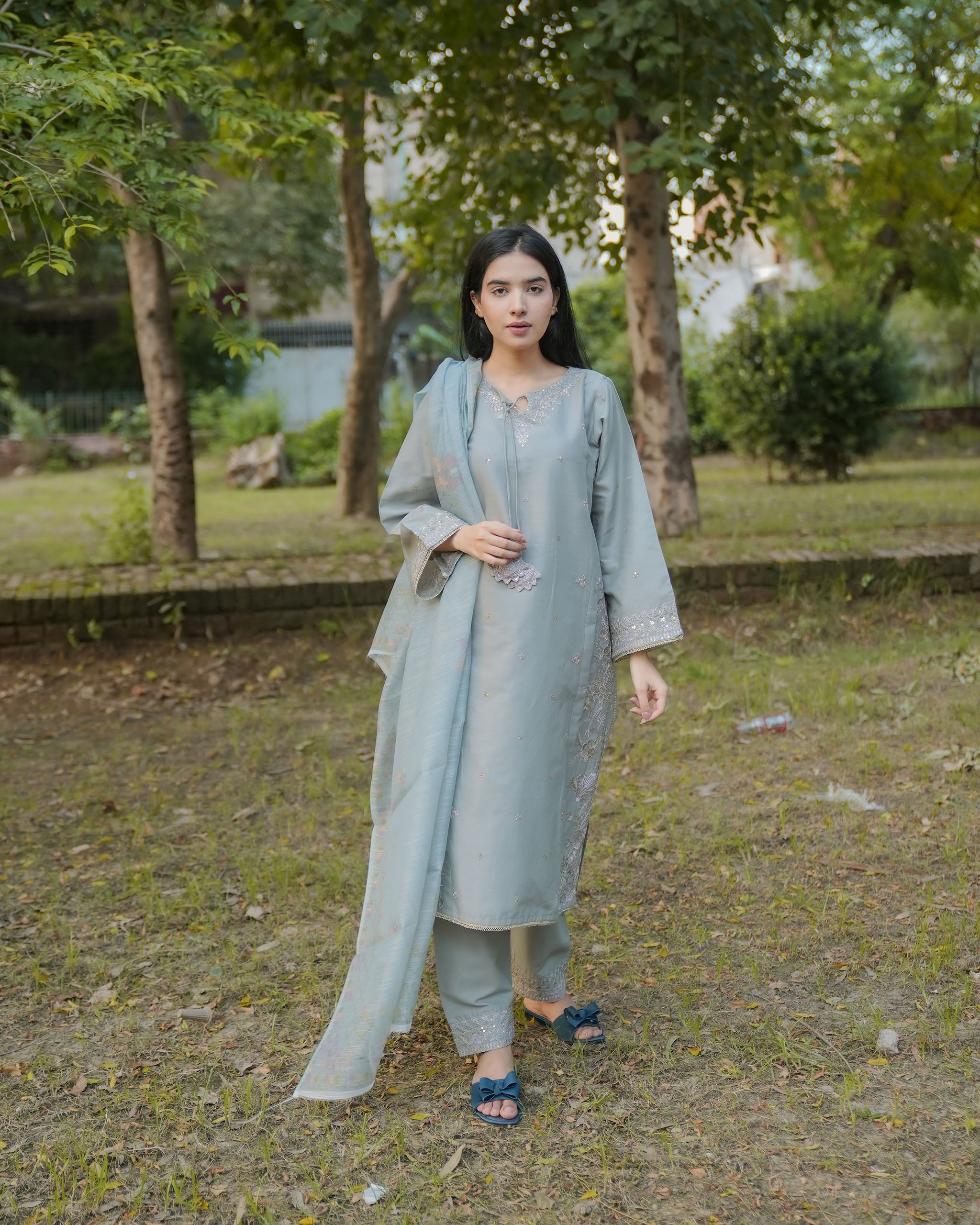Attirepret – Gray Cotton 3-Piece Embroidered Suit