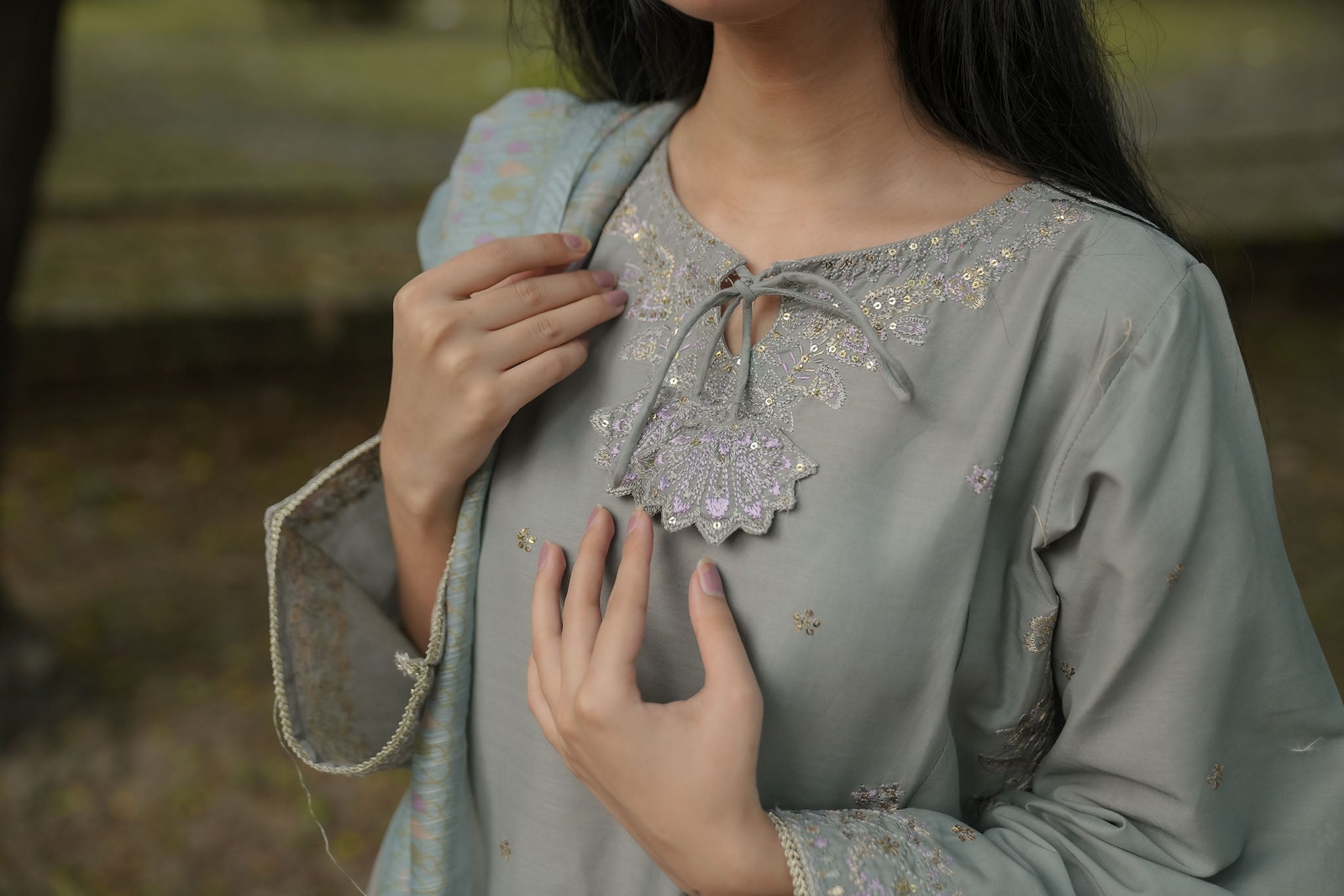 Attirepret – Gray Cotton 3-Piece Embroidered Suit