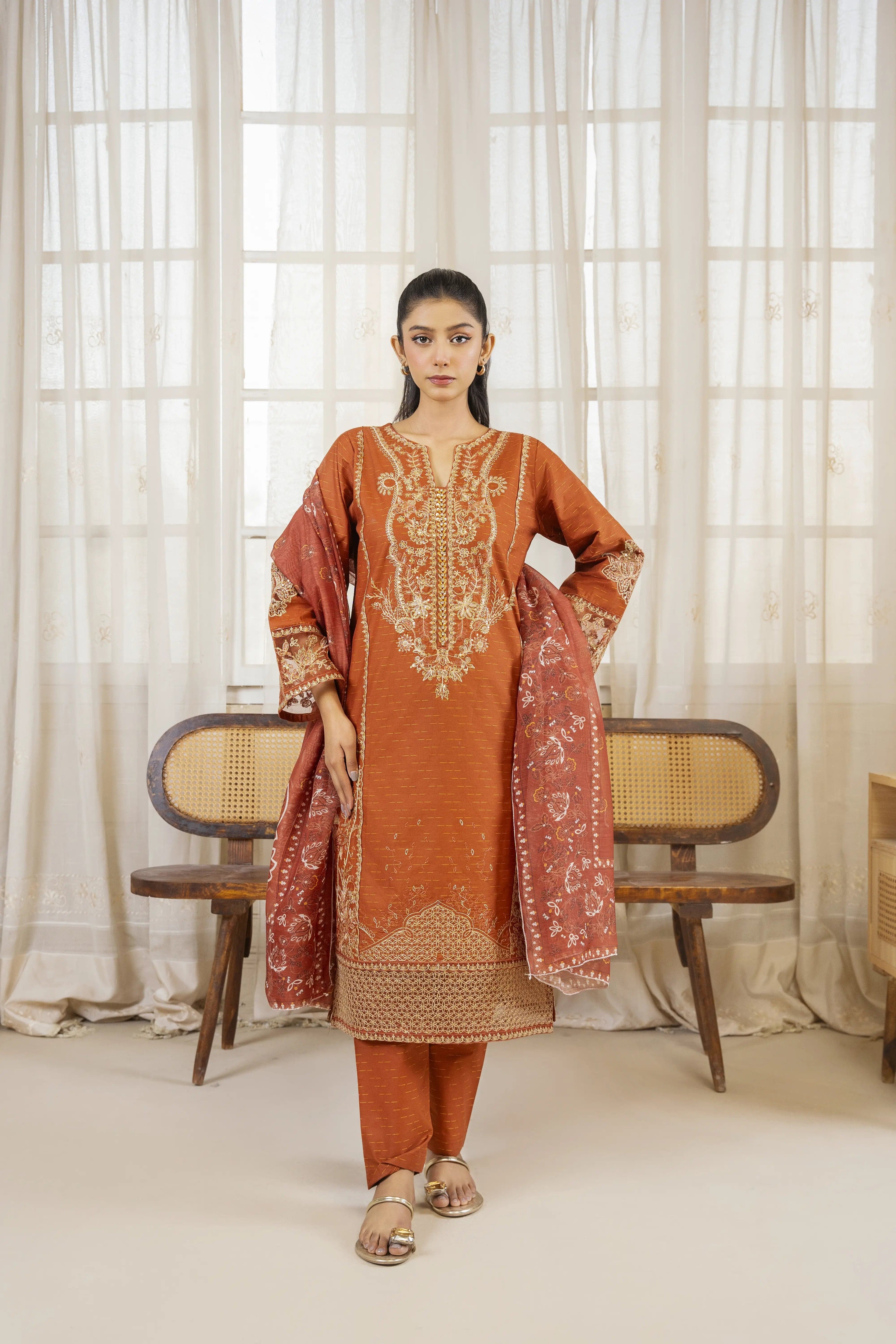 Attirepret Elegant Brown 3-Piece Winter – Premium Festive Wear