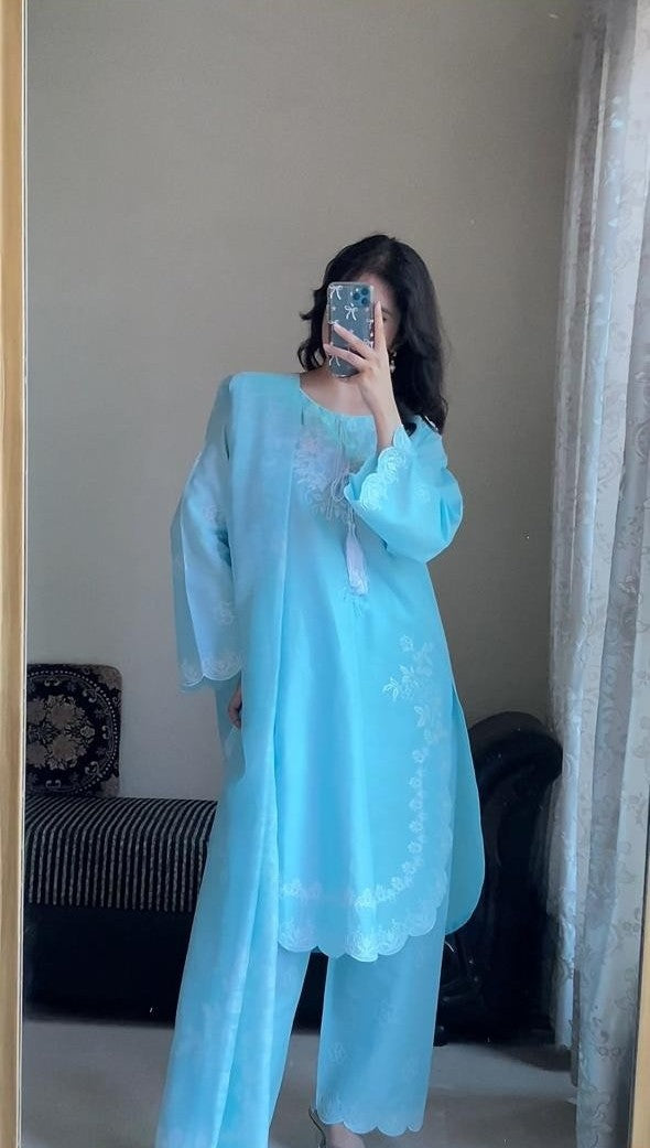 Attirepret Sky Blue Cotton 3-Piece Suit | Summer Essential