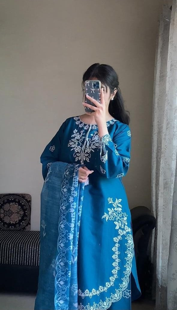 AttirePret Teal Blue 3-Piece Embroidered Cotton Suit