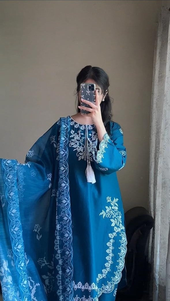AttirePret Teal Blue 3-Piece Embroidered Cotton Suit