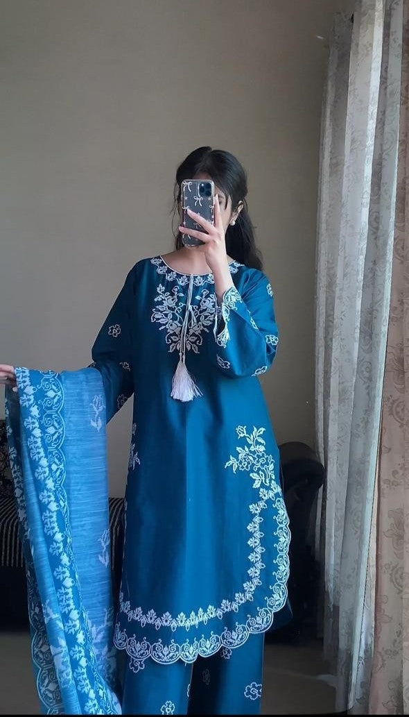 AttirePret Teal Blue 3-Piece Embroidered Cotton Suit