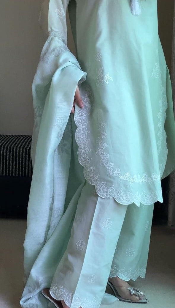 Attirepret Mint Green Cotton 3-Piece Suit