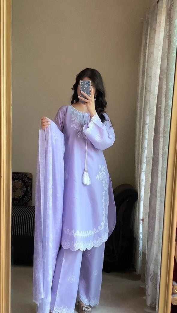 AttirePret Lavender Cotton 3-Piece Suit | Cross Stitch Embroidery
