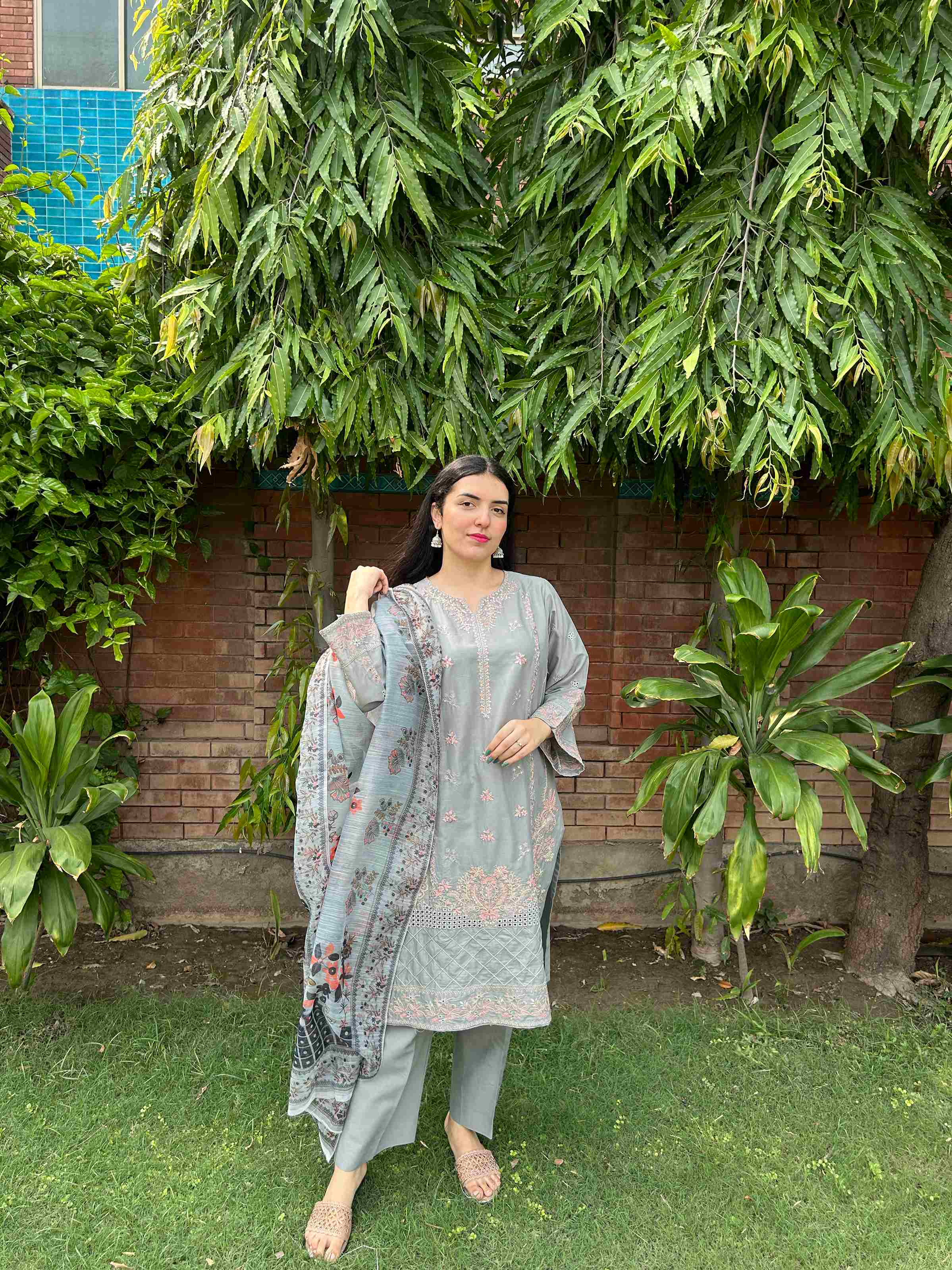 AttirePret: Elegant Stitched 3-Piece - Muted Grey