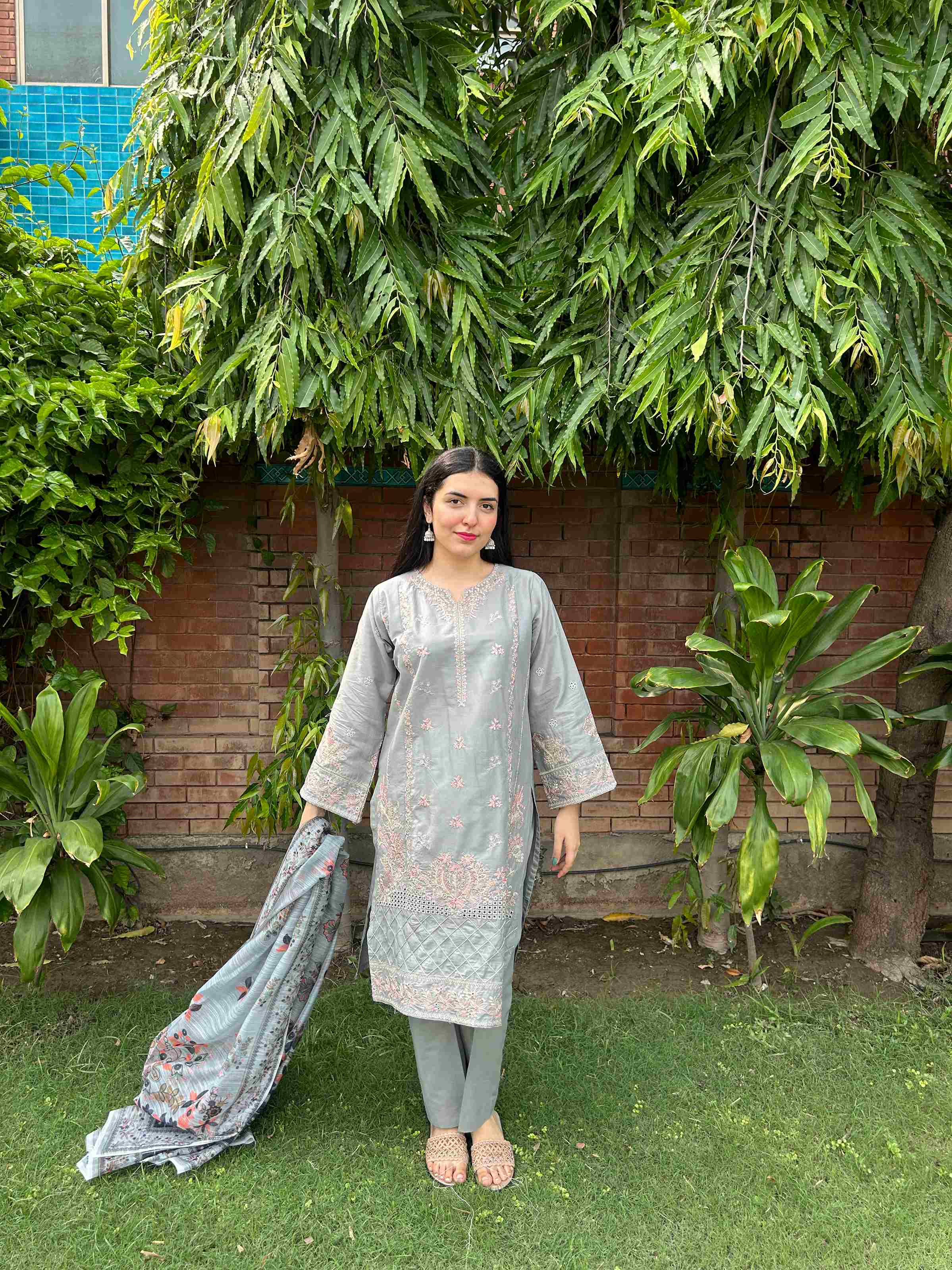 AttirePret: Elegant Stitched 3-Piece - Muted Grey