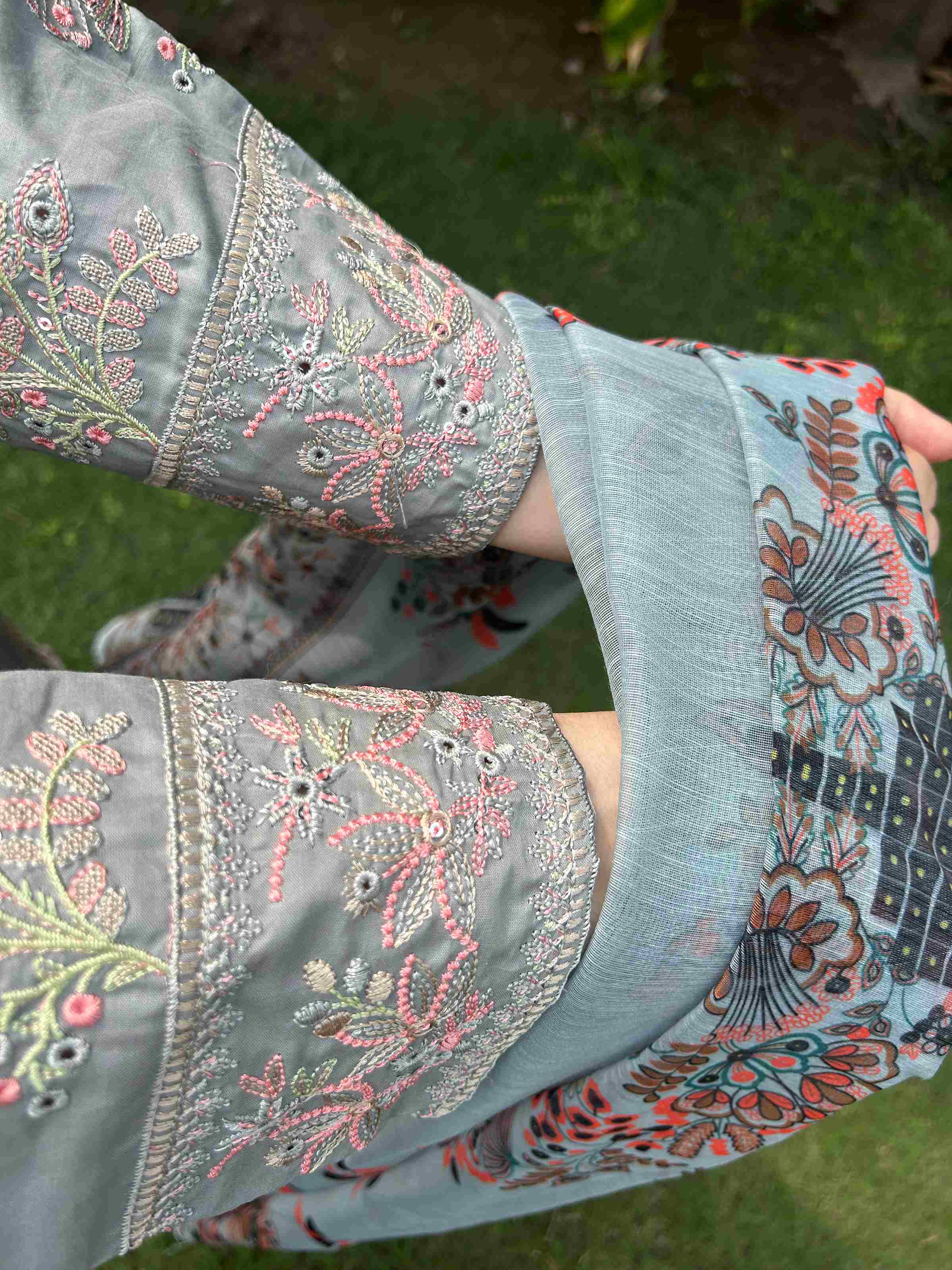 AttirePret: Elegant Stitched 3-Piece - Muted Grey