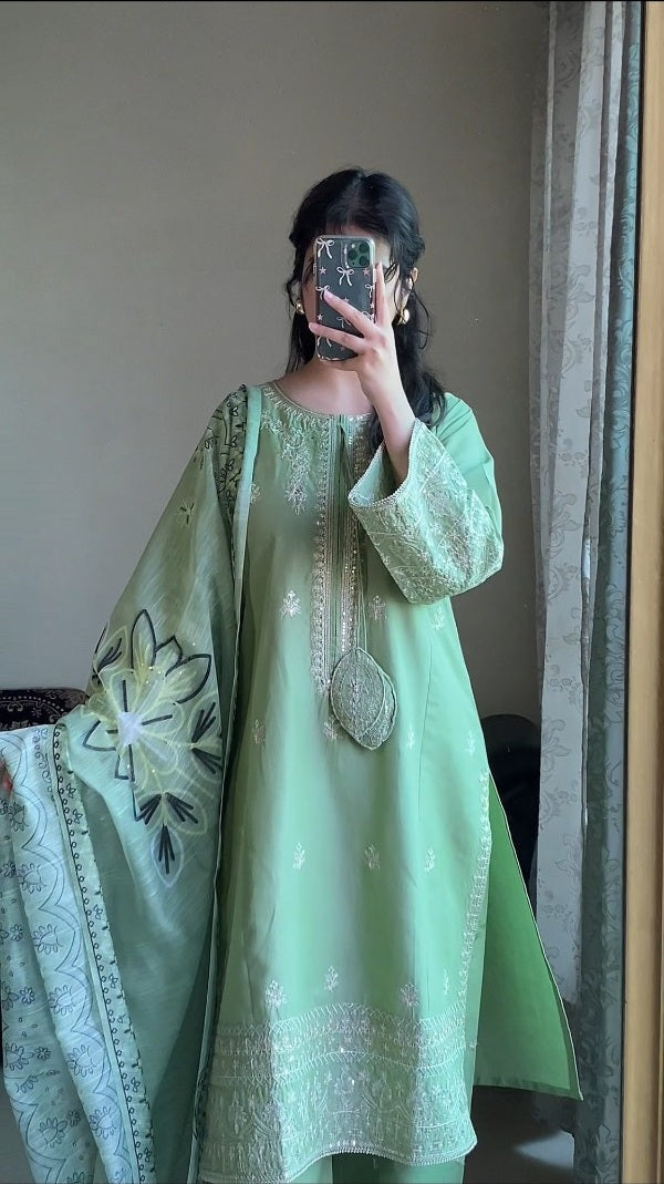 Mint Green 3-Piece Embroidered Cotton Suit – By Attirepret