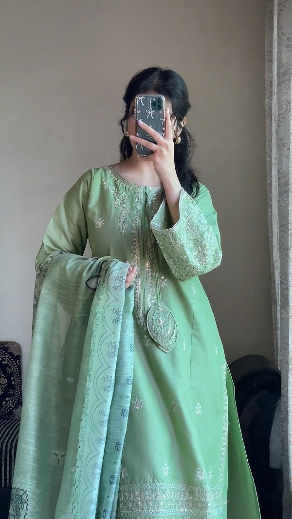 Mint Green 3-Piece Embroidered Cotton Suit – By Attirepret
