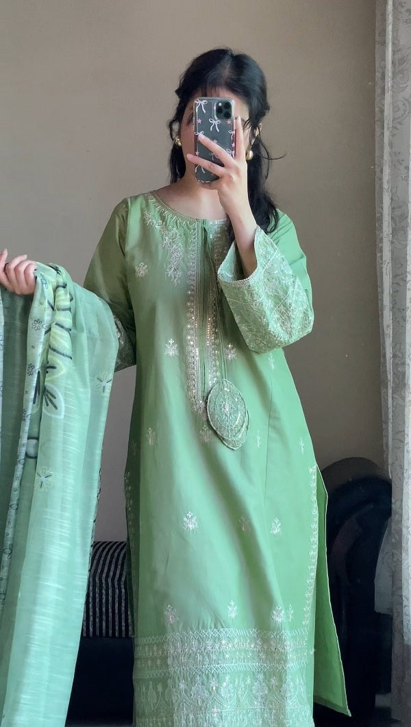 Mint Green 3-Piece Embroidered Cotton Suit – By Attirepret