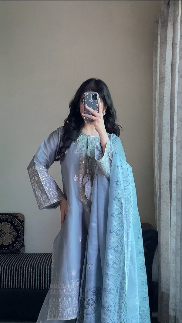 Dusty Blue Embroidered Cotton 3-Piece Suit – By Attirepret