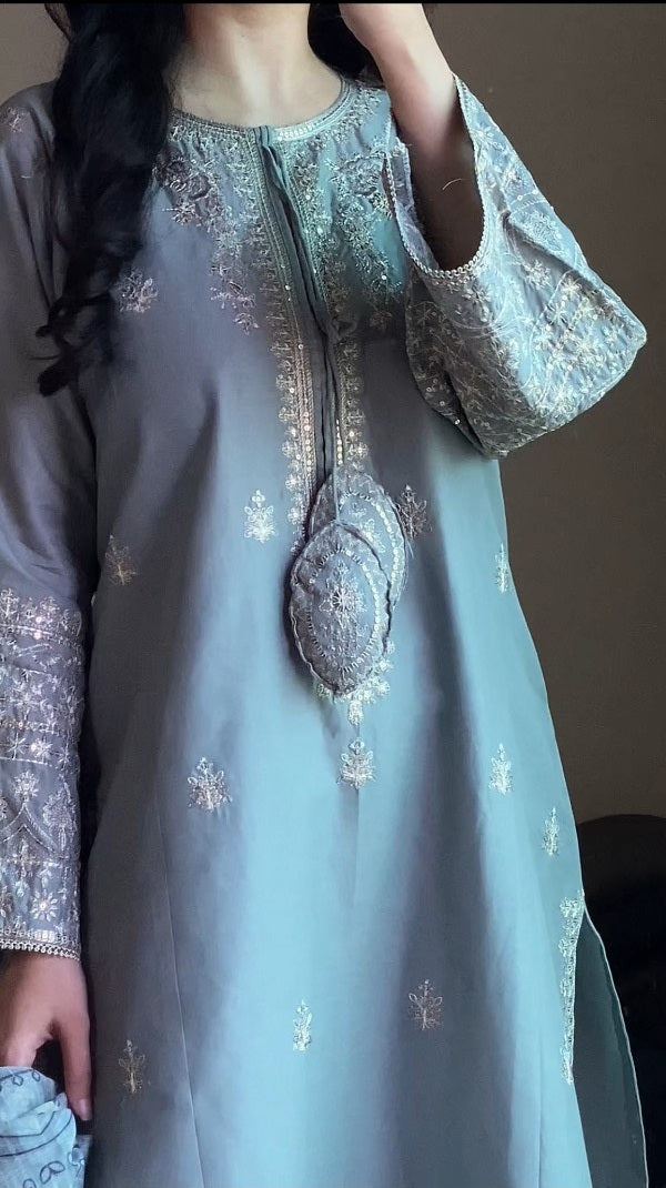 Dusty Blue Embroidered Cotton 3-Piece Suit – By Attirepret