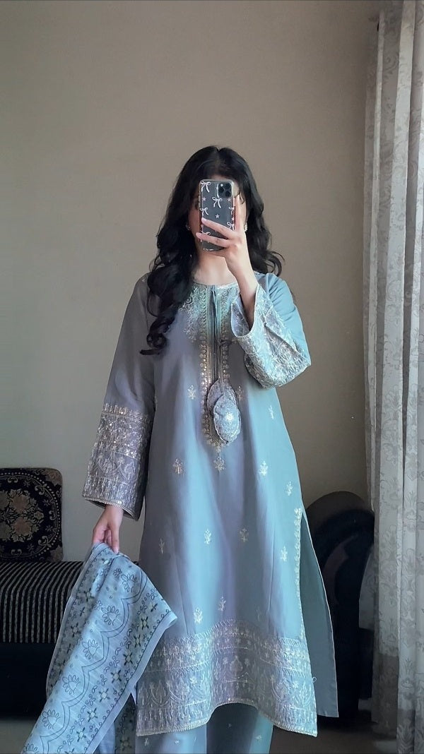 Dusty Blue Embroidered Cotton 3-Piece Suit – By Attirepret