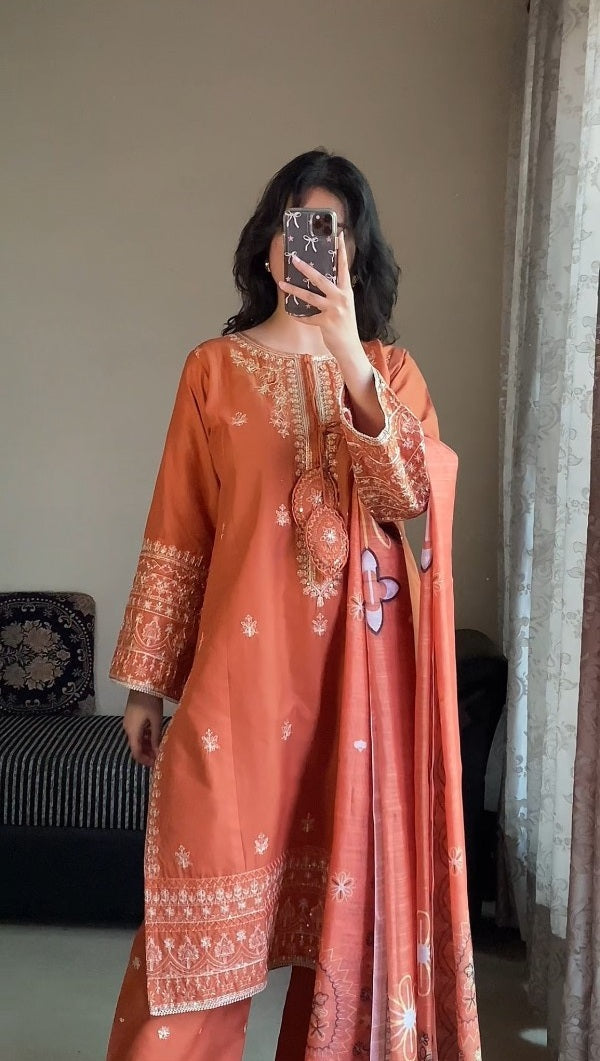 Terracotta Orange 3-Piece Embroidered Cotton Suit – By Attirepret
