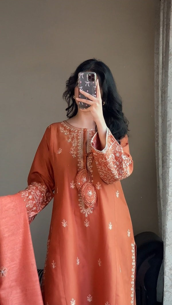 Terracotta Orange 3-Piece Embroidered Cotton Suit – By Attirepret