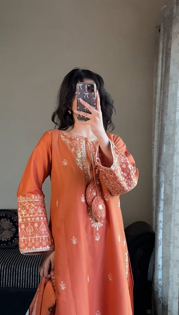 Terracotta Orange 3-Piece Embroidered Cotton Suit – By Attirepret