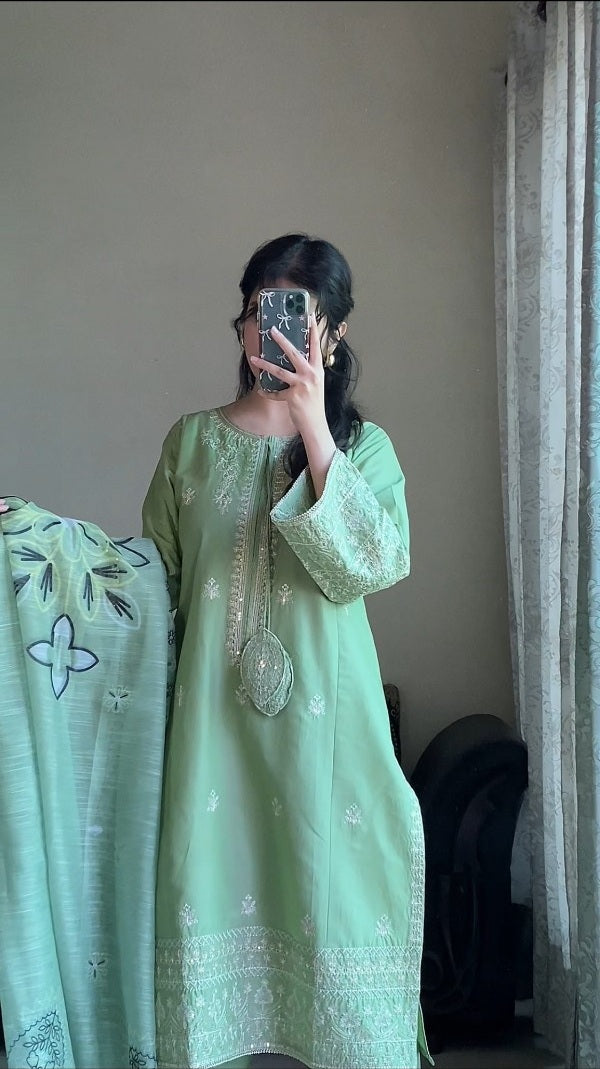 Mint Green 3-Piece Embroidered Cotton Suit – By Attirepret