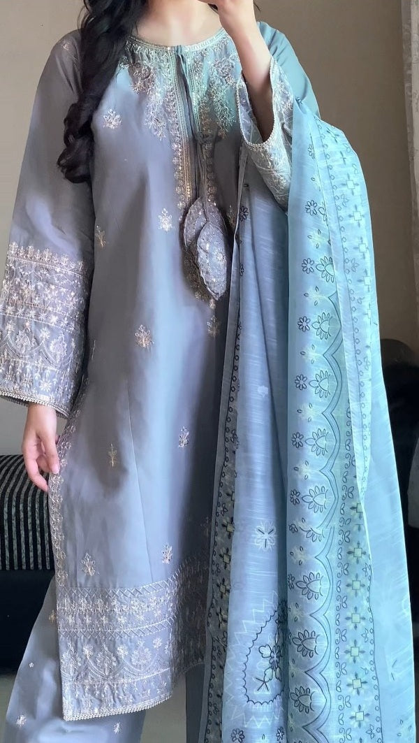 Dusty Blue Embroidered Cotton 3-Piece Suit – By Attirepret