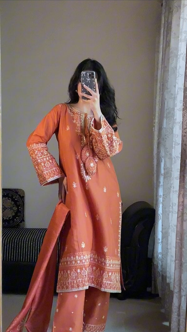 Terracotta Orange 3-Piece Embroidered Cotton Suit – By Attirepret
