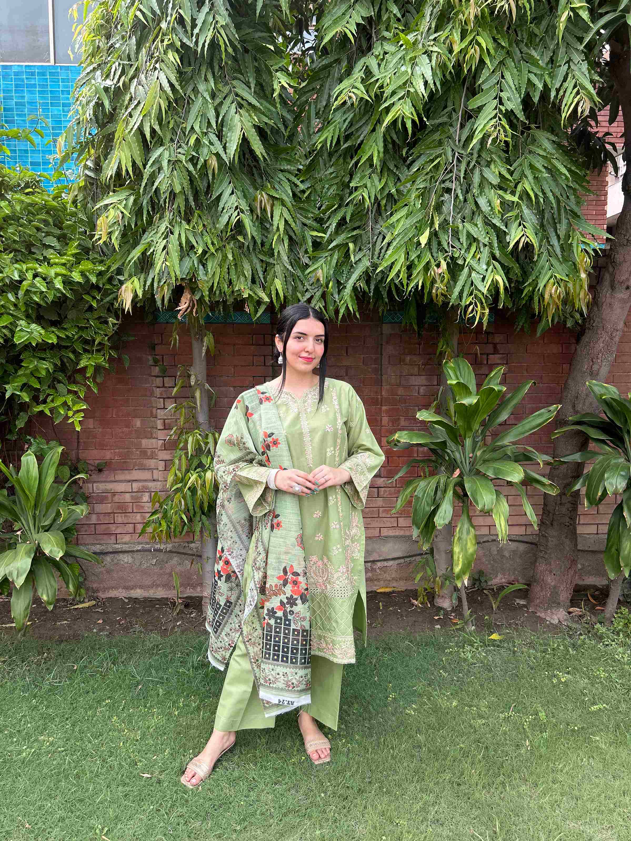 Attirepret Light Green Cotton 3-Piece Embroidered Suit