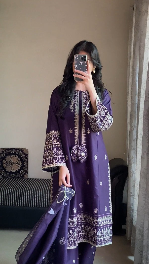 Royal Purple 3-Piece Embroidered Cotton Suit – By Attirepret