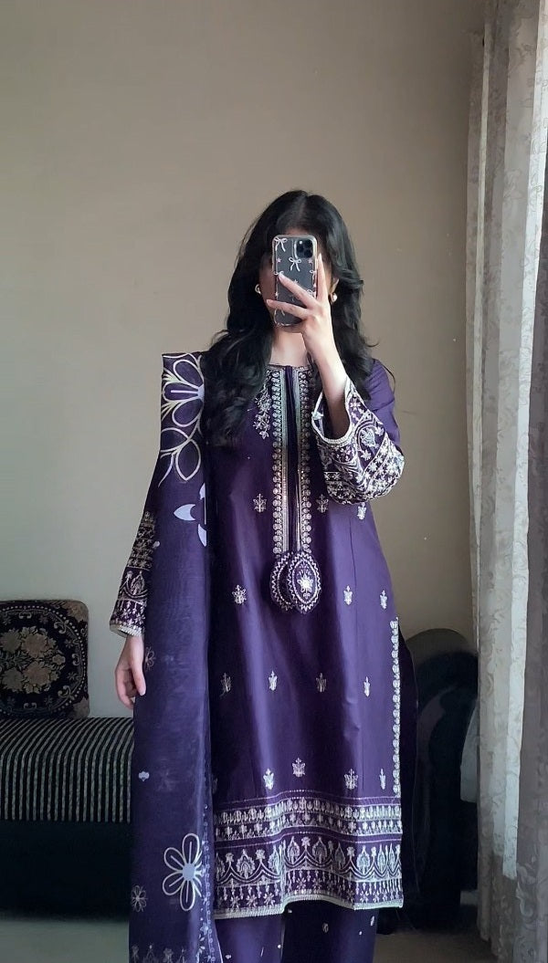 Royal Purple 3-Piece Embroidered Cotton Suit – By Attirepret