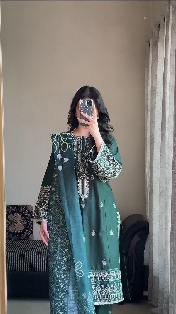 Dark Green 3-Piece Embroidered Cotton Suit – By Attirepret