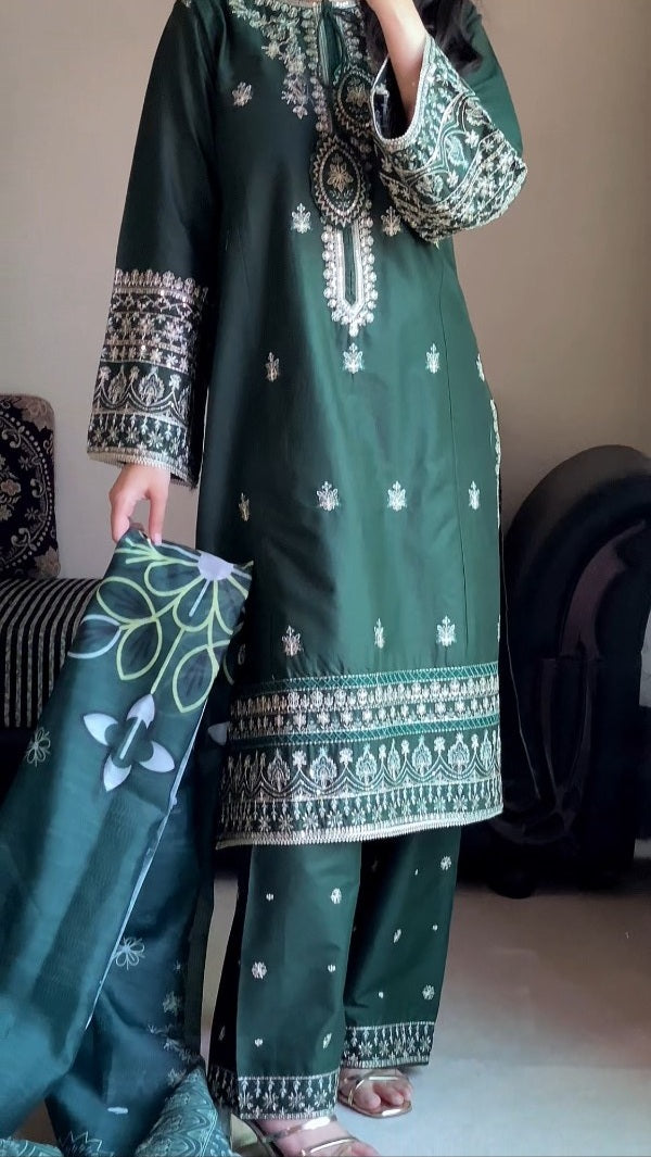 Dark Green 3-Piece Embroidered Cotton Suit – By Attirepret