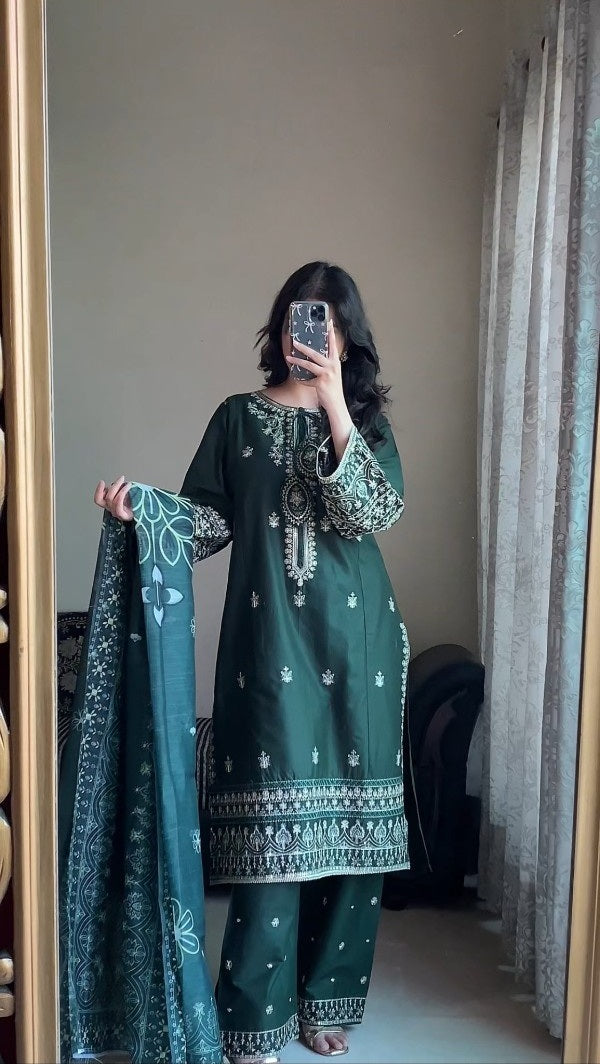 Dark Green 3-Piece Embroidered Cotton Suit – By Attirepret