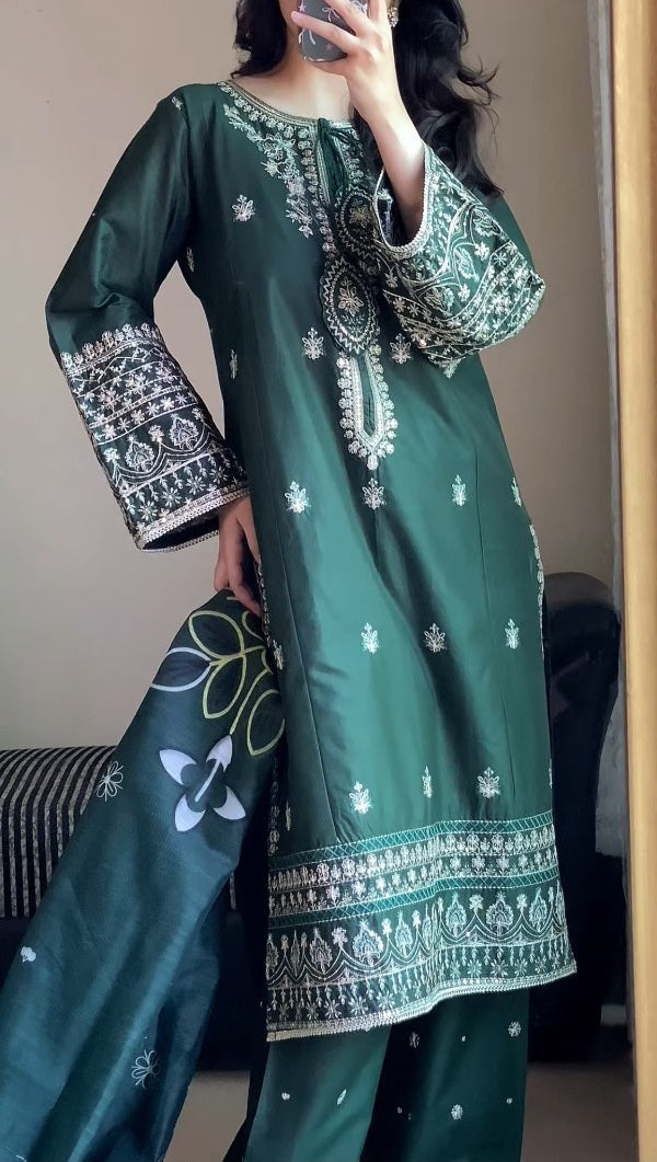 Dark Green 3-Piece Embroidered Cotton Suit – By Attirepret