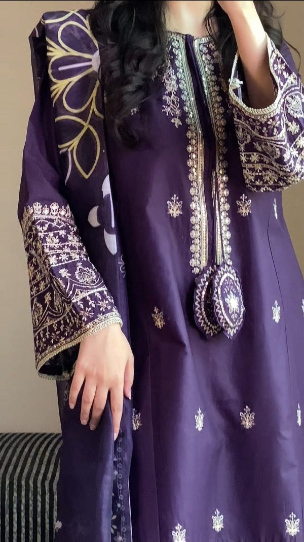 Royal Purple 3-Piece Embroidered Cotton Suit – By Attirepret