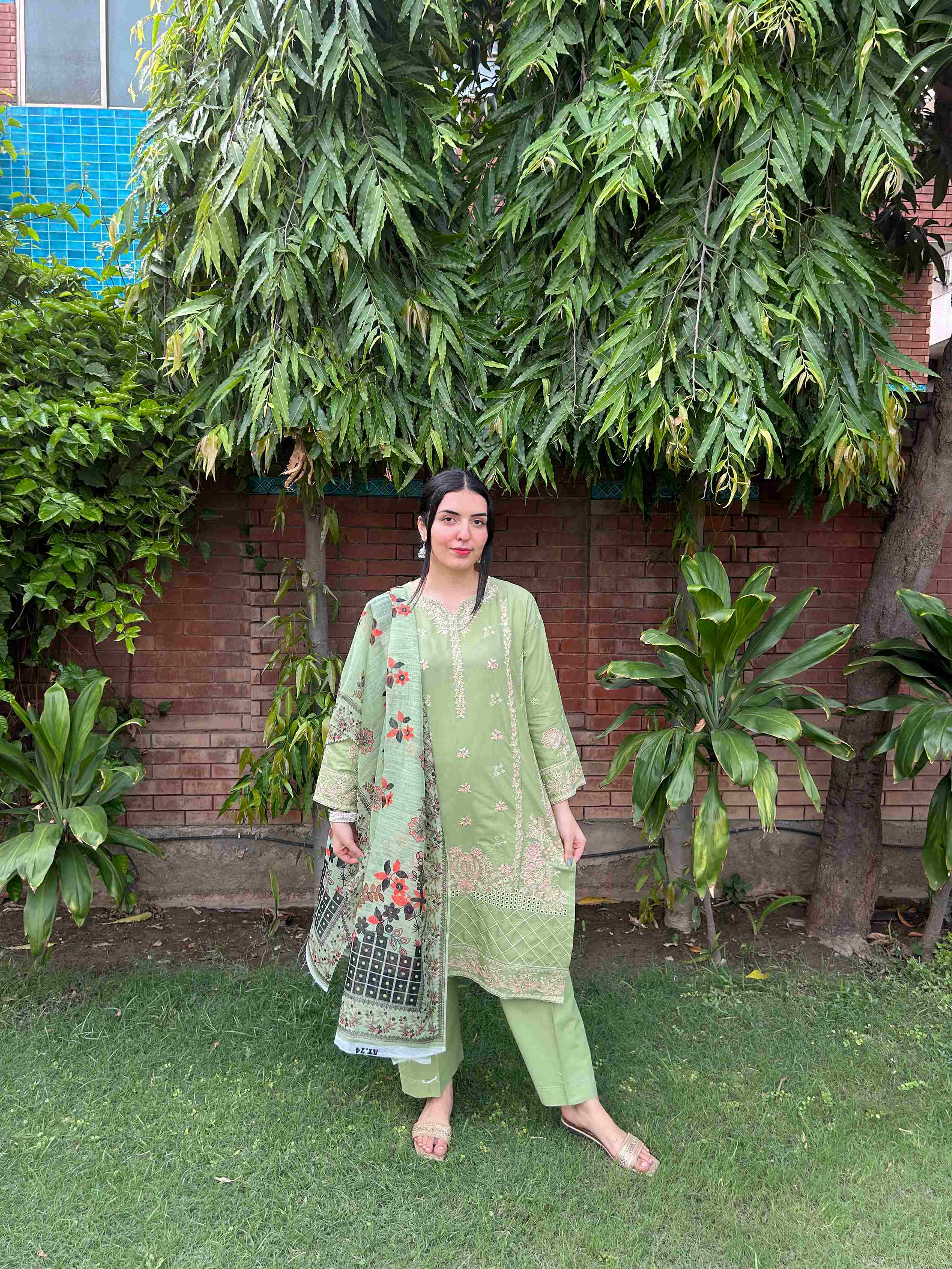 Attirepret Light Green Cotton 3-Piece Embroidered Suit