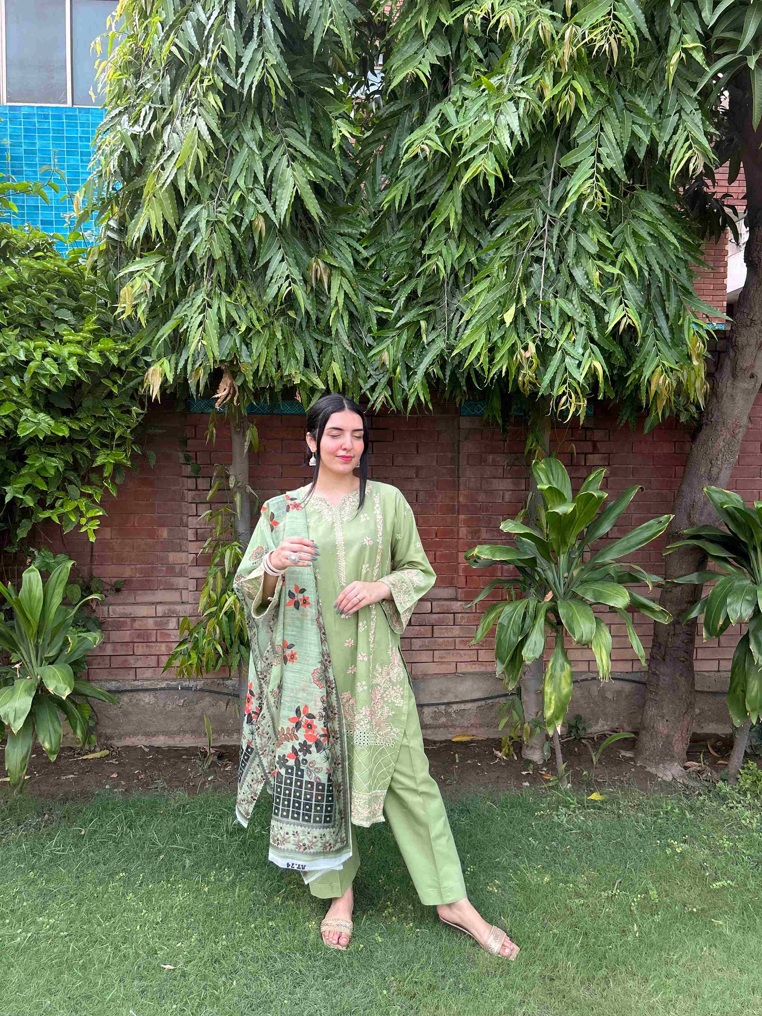 Attirepret Light Green Cotton 3-Piece Embroidered Suit