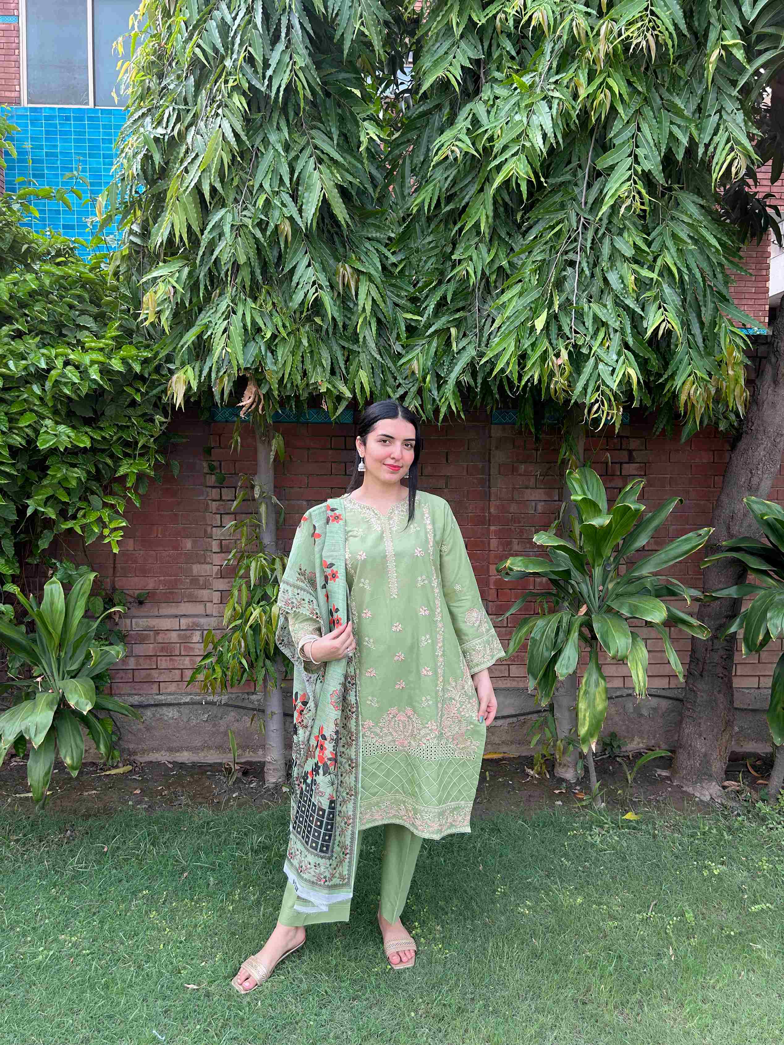 Attirepret Light Green Cotton 3-Piece Embroidered Suit