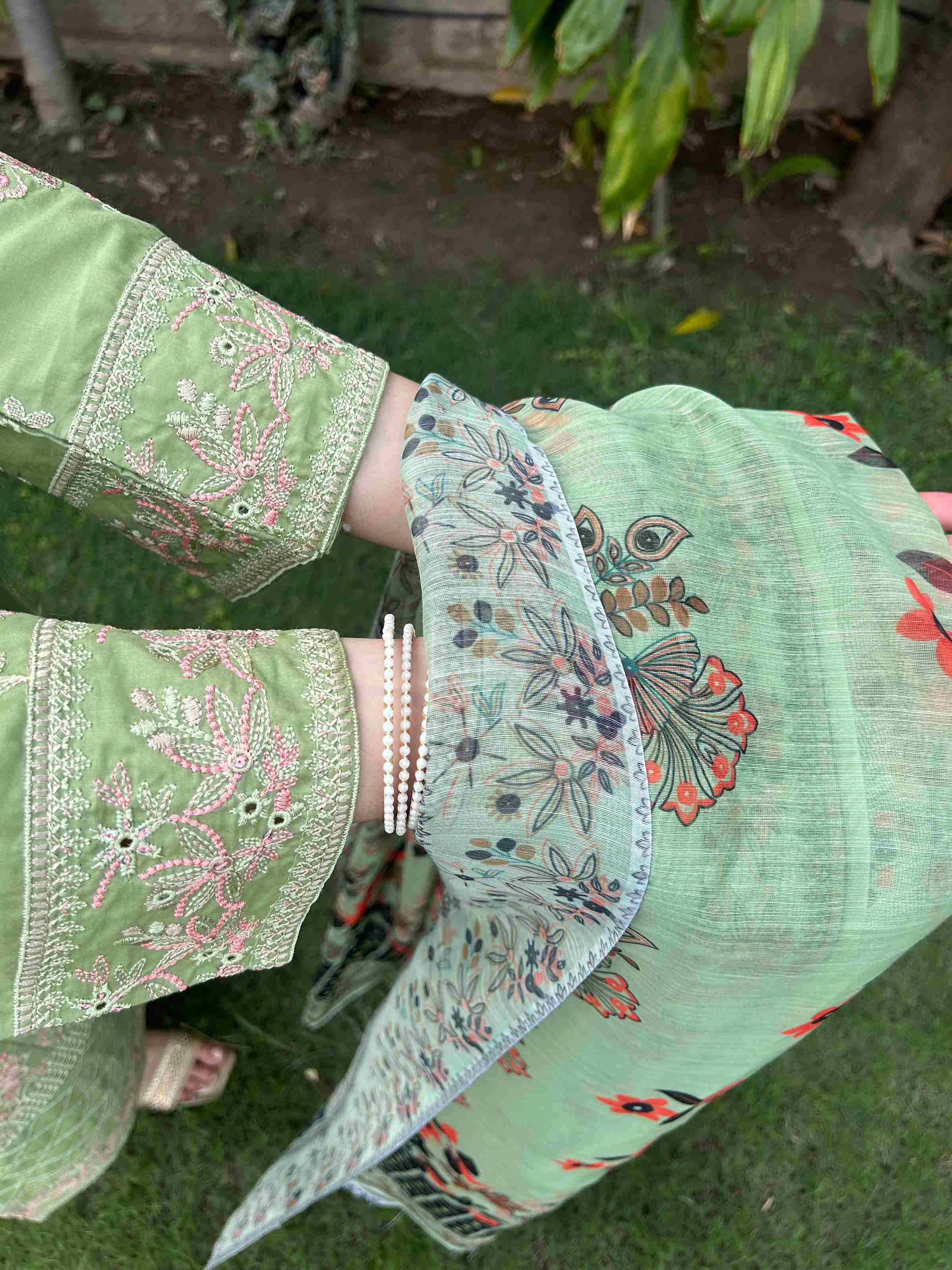 Attirepret Light Green Cotton 3-Piece Embroidered Suit