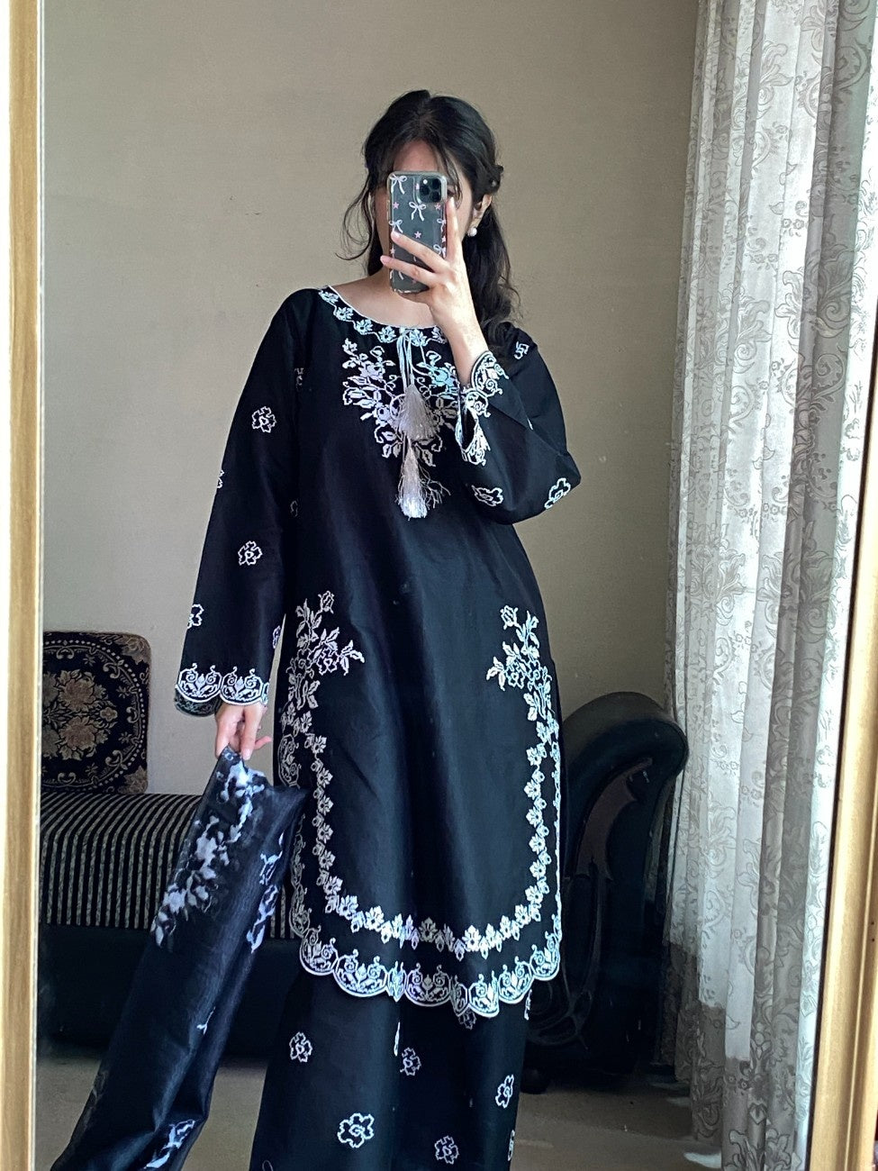 AttirePret Black 3-Piece Embroidered Cotton Suit