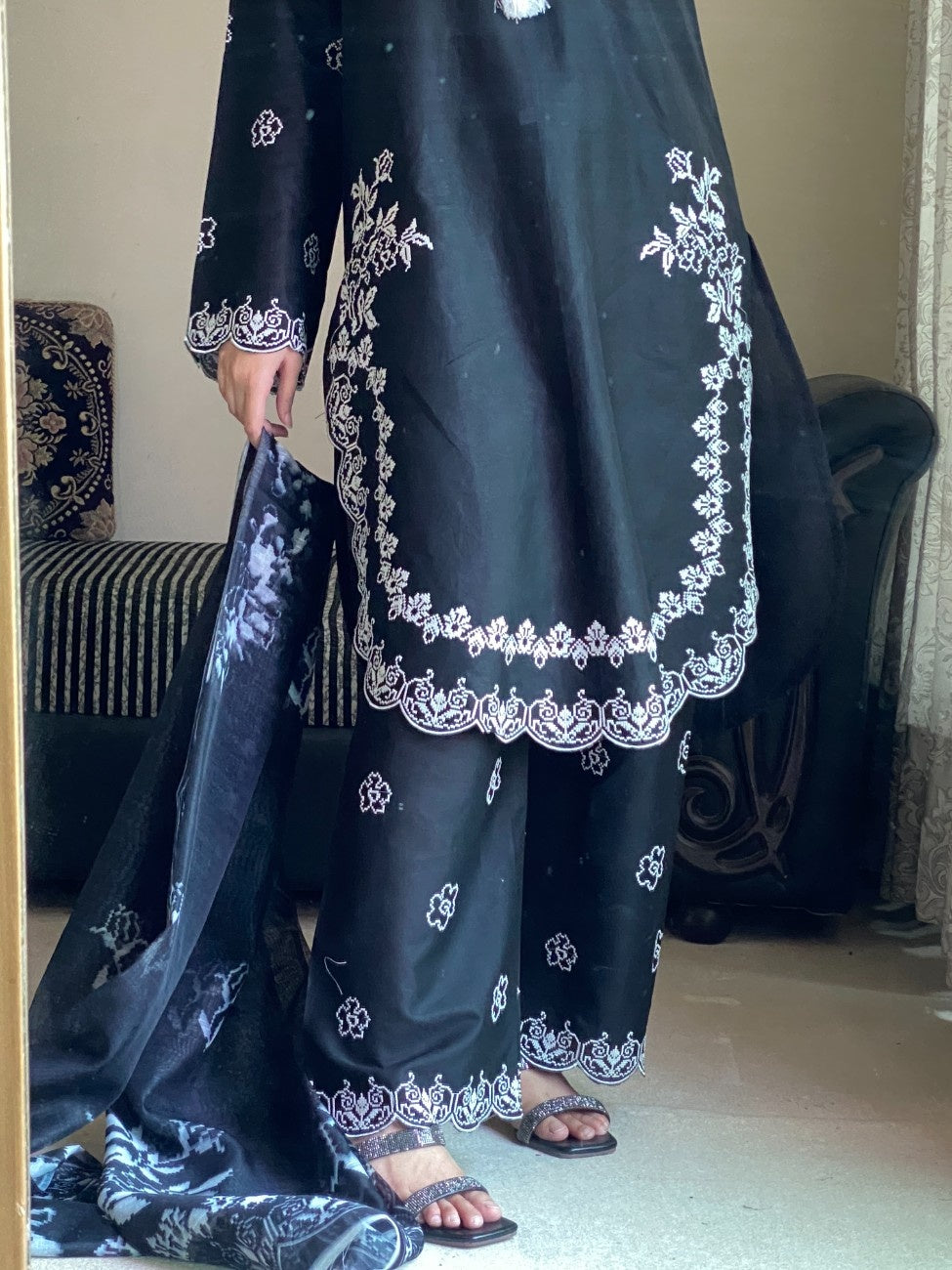 AttirePret Black 3-Piece Embroidered Cotton Suit
